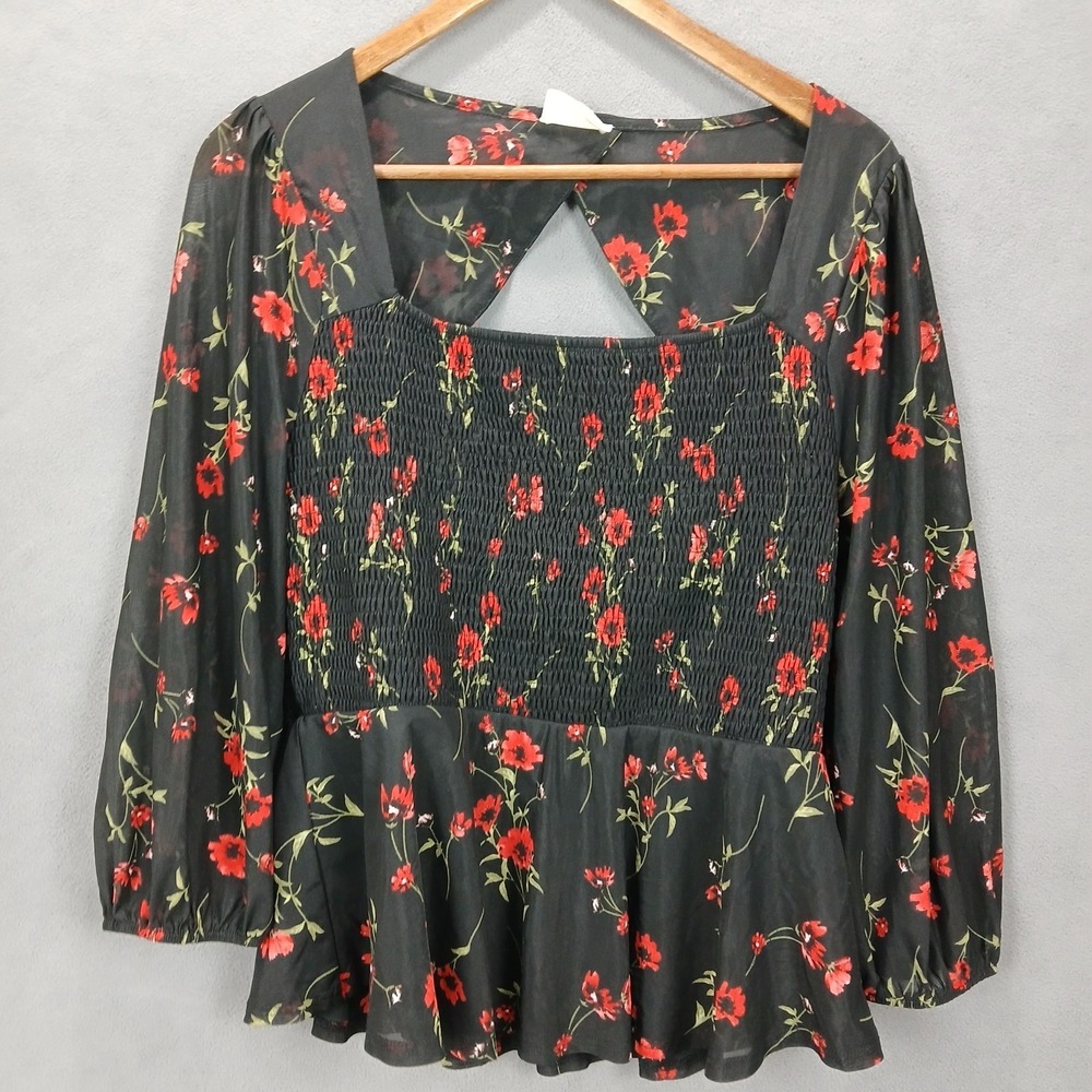 Ember Blouse Top Womens XL Black Floral Keyhole Back Cinched Waist Square Neck